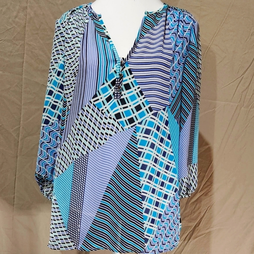 Banana Republic  M sheer blues patchwork pattern 3/4 bell sleeve chiffon tunic‎